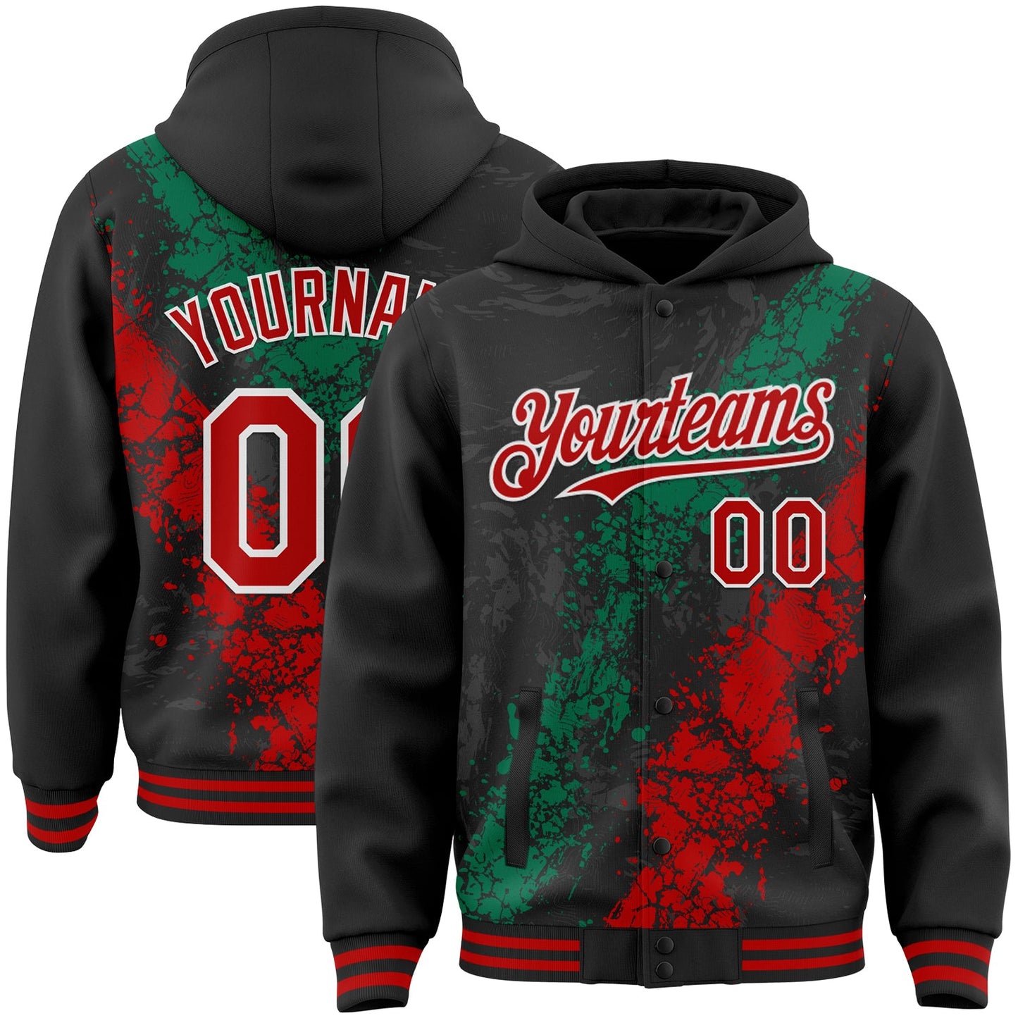 Custom Black Red Kelly Green-White Splash Art 3D Pattern Design Bomber Full-Snap Varsity Letterman Hoodie Jacket - Main View