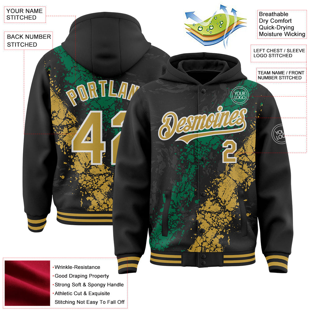 Custom Black Old Gold Kelly Green-White Splash Art 3D Pattern Design Bomber Full-Snap Varsity Letterman Hoodie Jacket view 4