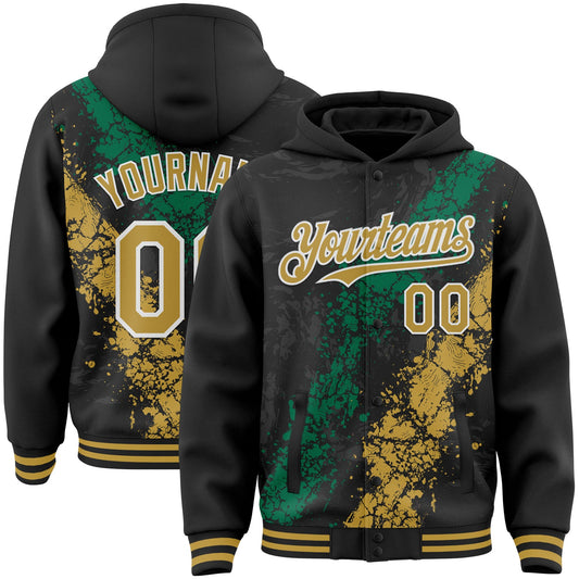Custom Black Old Gold Kelly Green-White Splash Art 3D Pattern Design Bomber Full-Snap Varsity Letterman Hoodie Jacket - Main View