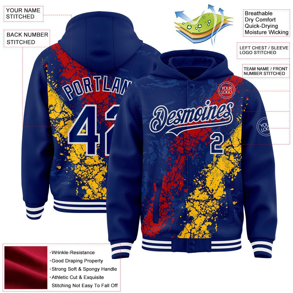 Custom Royal Red Gold-White Splash Art 3D Pattern Design Bomber Full-Snap Varsity Letterman Hoodie Jacket view 4