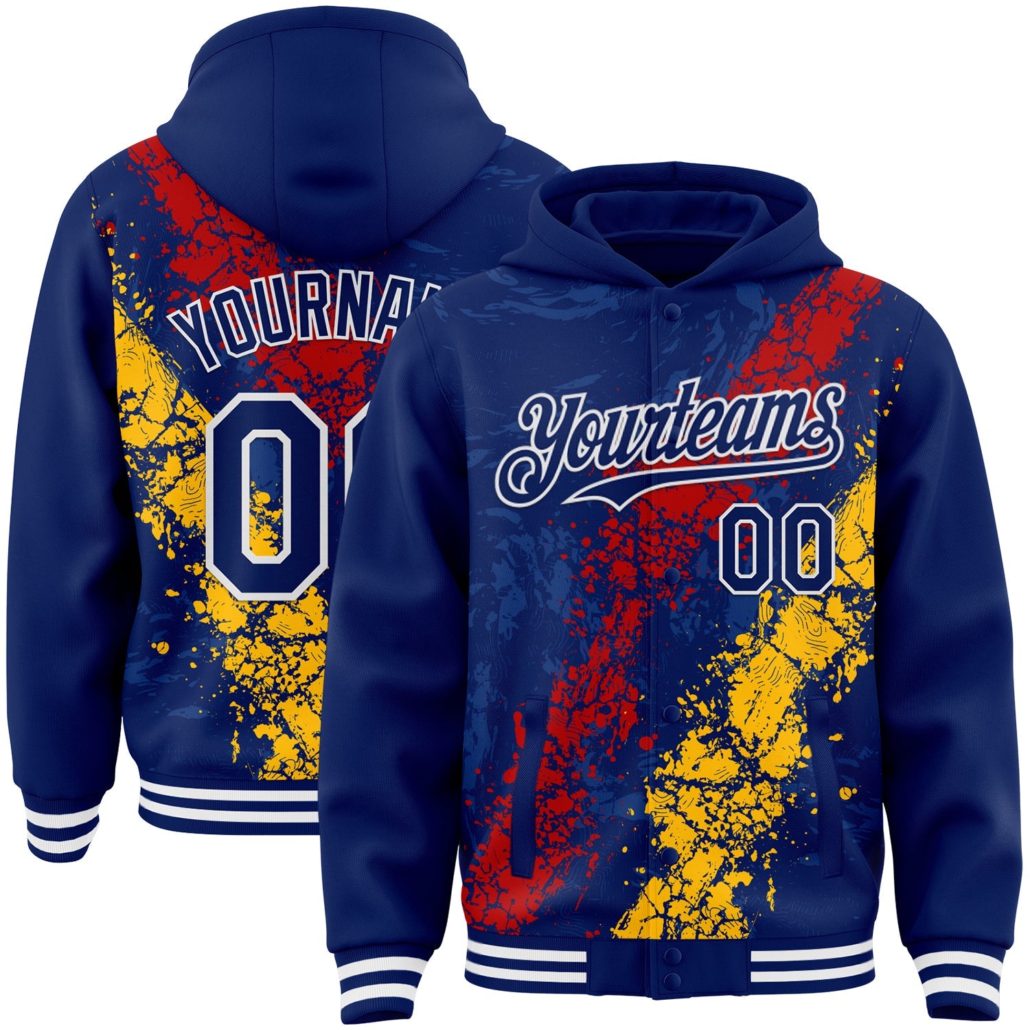 Custom Royal Red Gold-White Splash Art 3D Pattern Design Bomber Full-Snap Varsity Letterman Hoodie Jacket - Main View