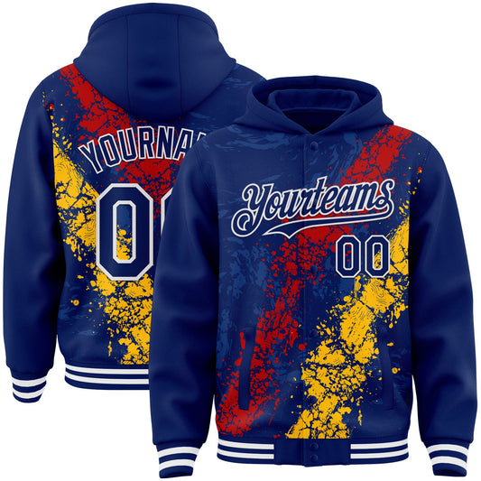 Custom Royal Red Gold-White Splash Art 3D Pattern Design Bomber Full-Snap Varsity Letterman Hoodie Jacket - Main View