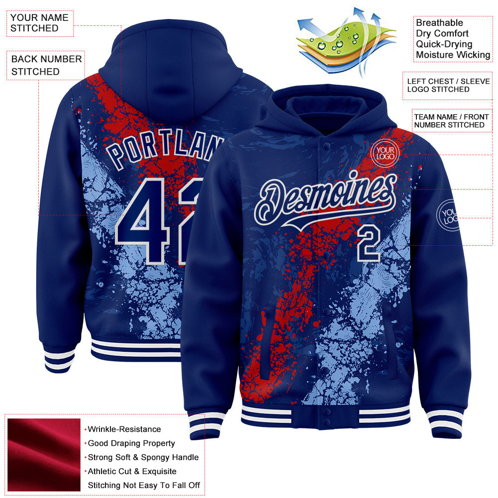 Custom Royal Red Light Blue-White Splash Art 3D Pattern Design Bomber Full-Snap Varsity Letterman Hoodie Jacket view 4
