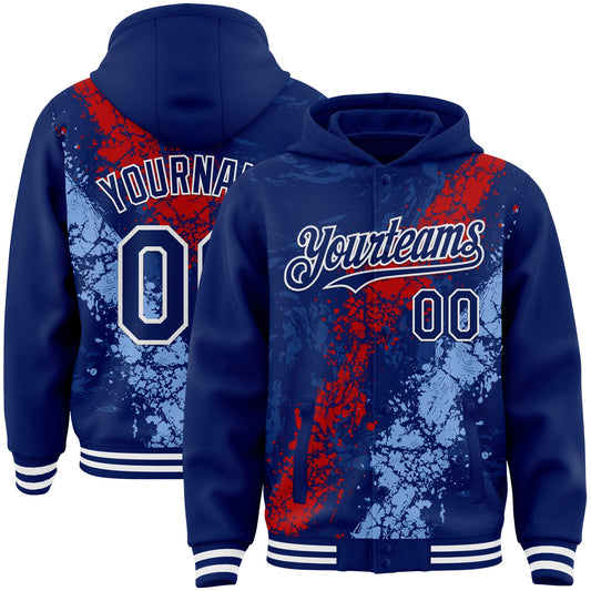 Custom Royal Red Light Blue-White Splash Art 3D Pattern Design Bomber Full-Snap Varsity Letterman Hoodie Jacket - Main View