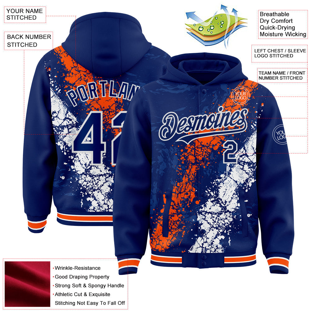 Custom Royal Orange-White Splash Art 3D Pattern Design Bomber Full-Snap Varsity Letterman Hoodie Jacket view 4