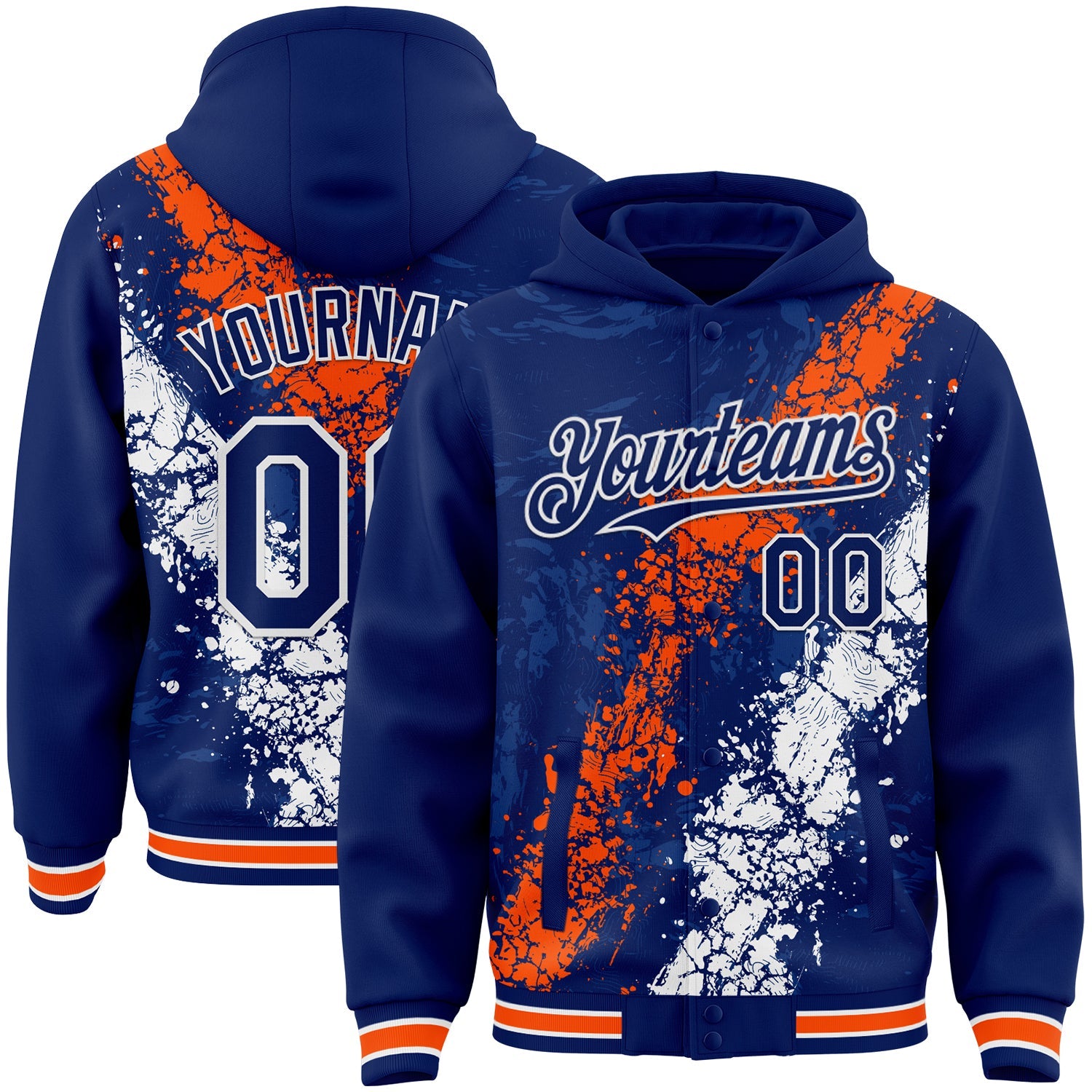 Custom Royal Orange-White Splash Art 3D Pattern Design Bomber Full-Snap Varsity Letterman Hoodie Jacket - Main View