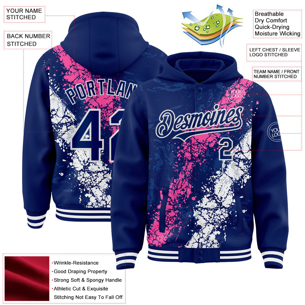 Custom Royal Pink-White Splash Art 3D Pattern Design Bomber Full-Snap Varsity Letterman Hoodie Jacket view 4