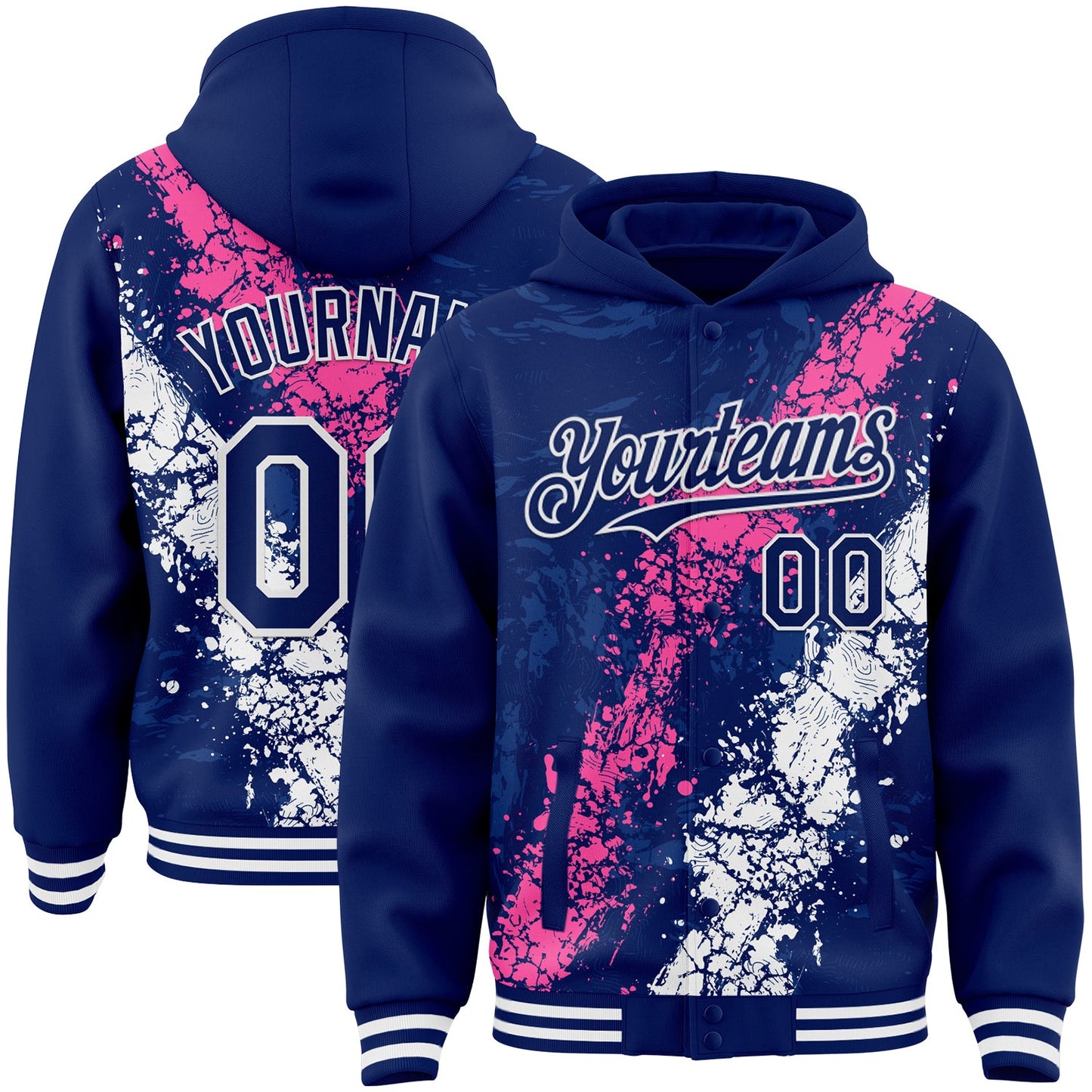 Custom Royal Pink-White Splash Art 3D Pattern Design Bomber Full-Snap Varsity Letterman Hoodie Jacket - Main View