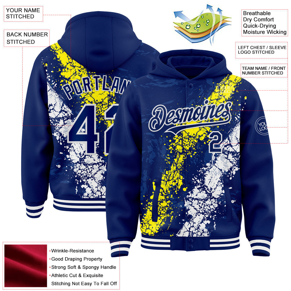 Custom Royal Light Yellow-White Splash Art 3D Pattern Design Bomber Full-Snap Varsity Letterman Hoodie Jacket view 4