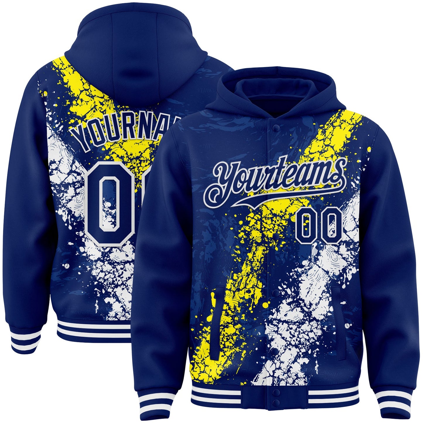 Custom Royal Light Yellow-White Splash Art 3D Pattern Design Bomber Full-Snap Varsity Letterman Hoodie Jacket - Main View