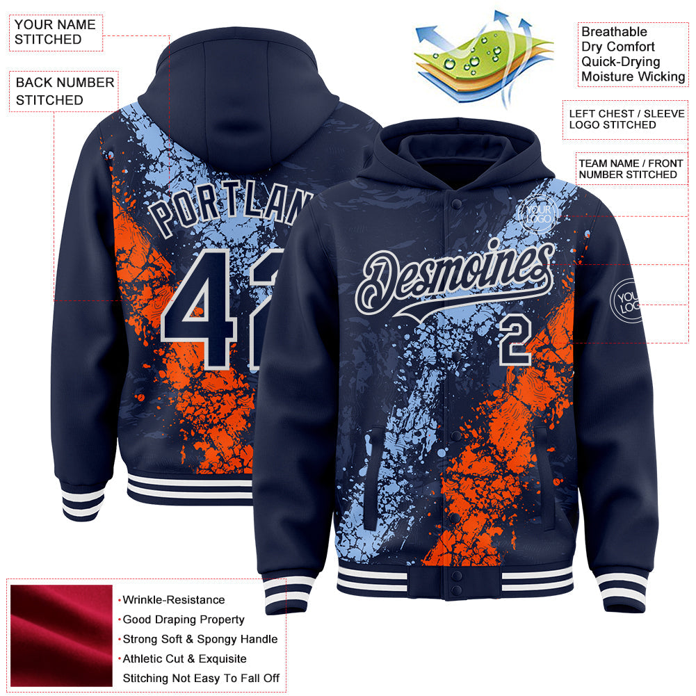 Custom Navy Light Blue Orange-White Splash Art 3D Pattern Design Bomber Full-Snap Varsity Letterman Hoodie Jacket view 4