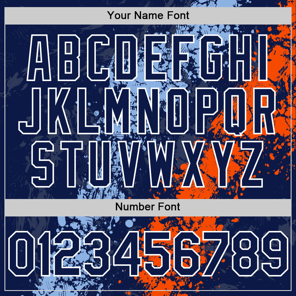 Custom Navy Light Blue Orange-White Splash Art 3D Pattern Design Bomber Full-Snap Varsity Letterman Hoodie Jacket view 6