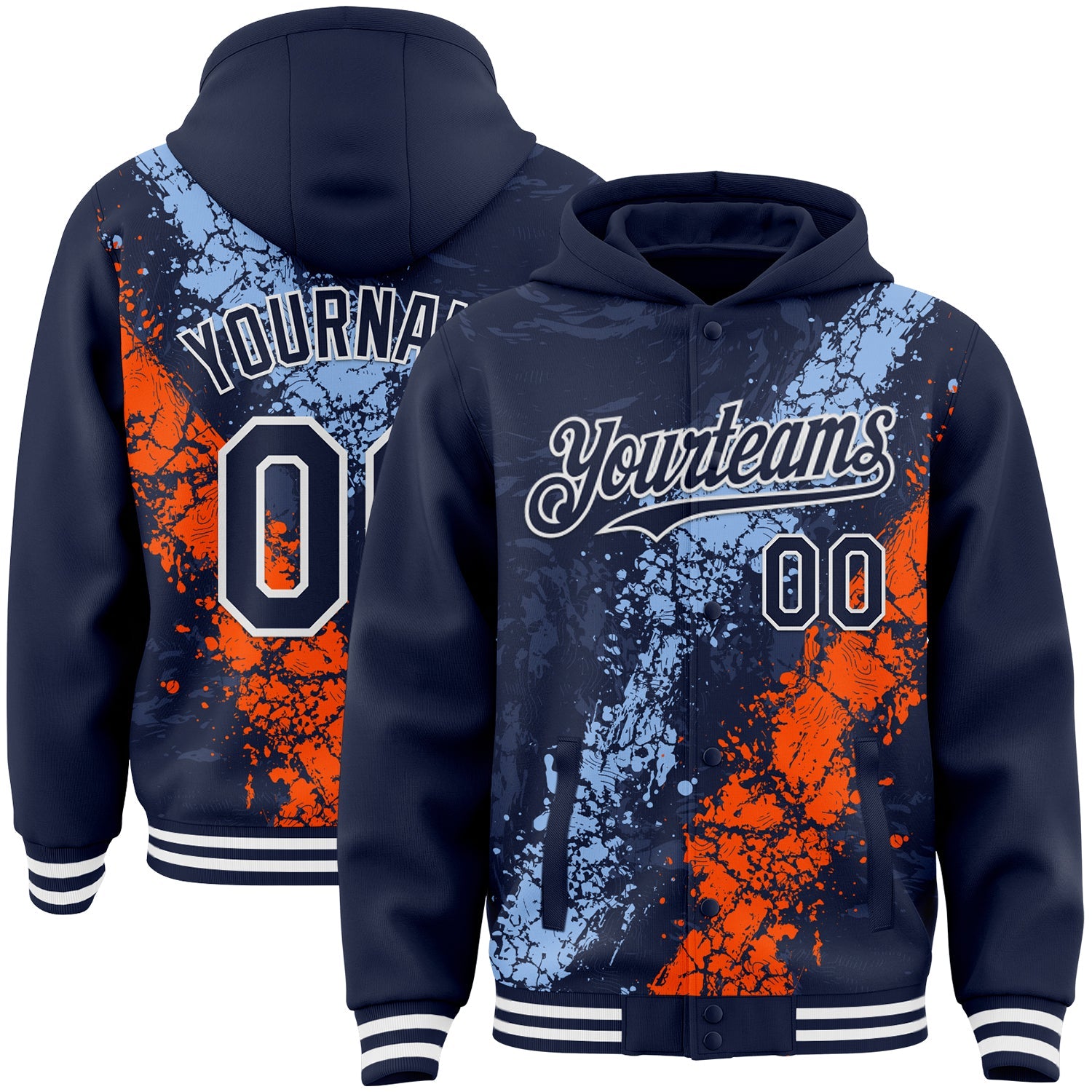Custom Navy Light Blue Orange-White Splash Art 3D Pattern Design Bomber Full-Snap Varsity Letterman Hoodie Jacket - Main View