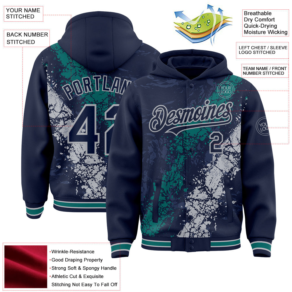 Custom Navy Teal-Gray Splash Art 3D Pattern Design Bomber Full-Snap Varsity Letterman Hoodie Jacket view 4