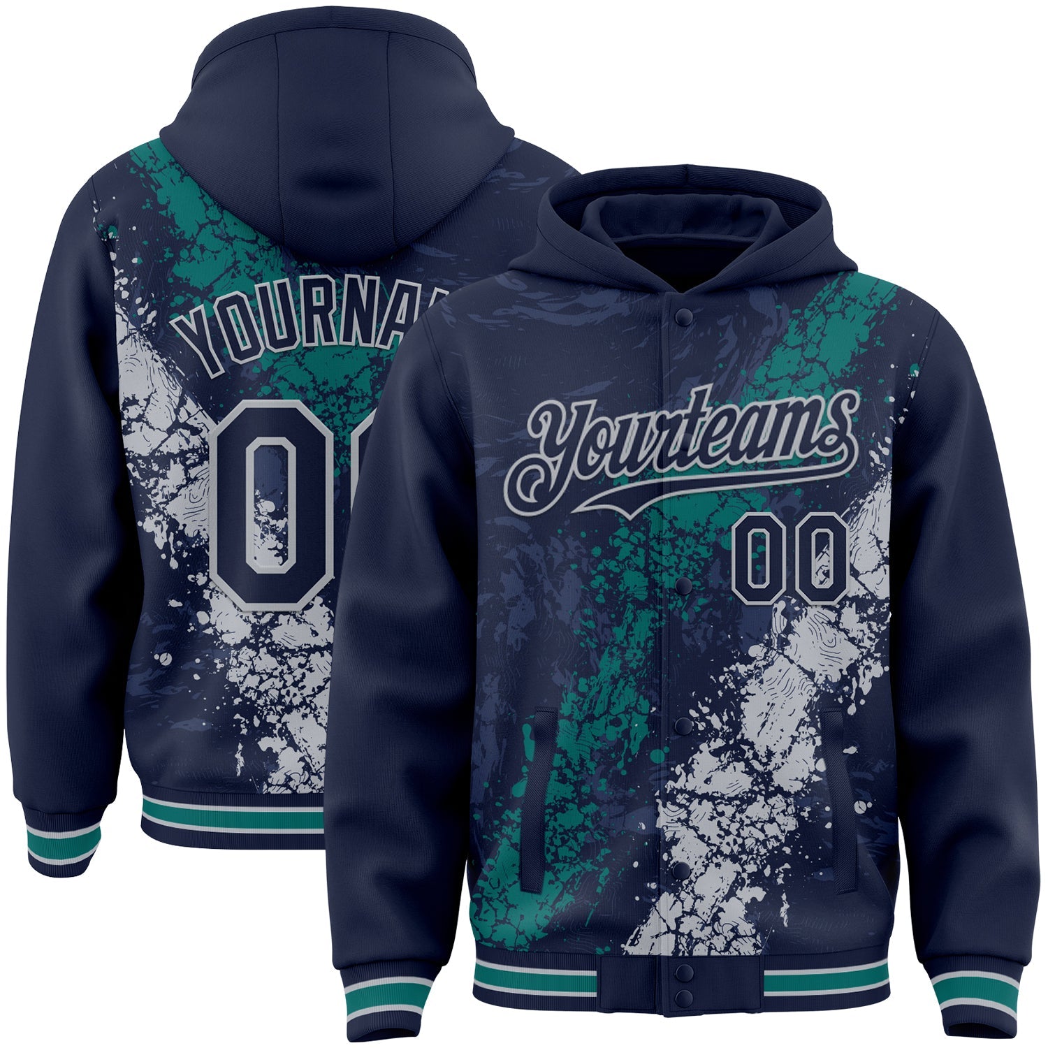 Custom Navy Teal-Gray Splash Art 3D Pattern Design Bomber Full-Snap Varsity Letterman Hoodie Jacket - Main View