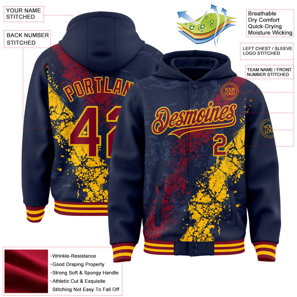 Custom Navy Crimson-Gold Splash Art 3D Pattern Design Bomber Full-Snap Varsity Letterman Hoodie Jacket view 4