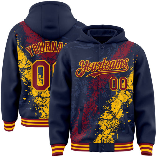 Custom Navy Crimson-Gold Splash Art 3D Pattern Design Bomber Full-Snap Varsity Letterman Hoodie Jacket - Main View