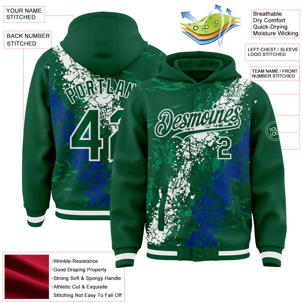 Custom Kelly Green White-Royal Splash Art 3D Pattern Design Bomber Full-Snap Varsity Letterman Hoodie Jacket view 4