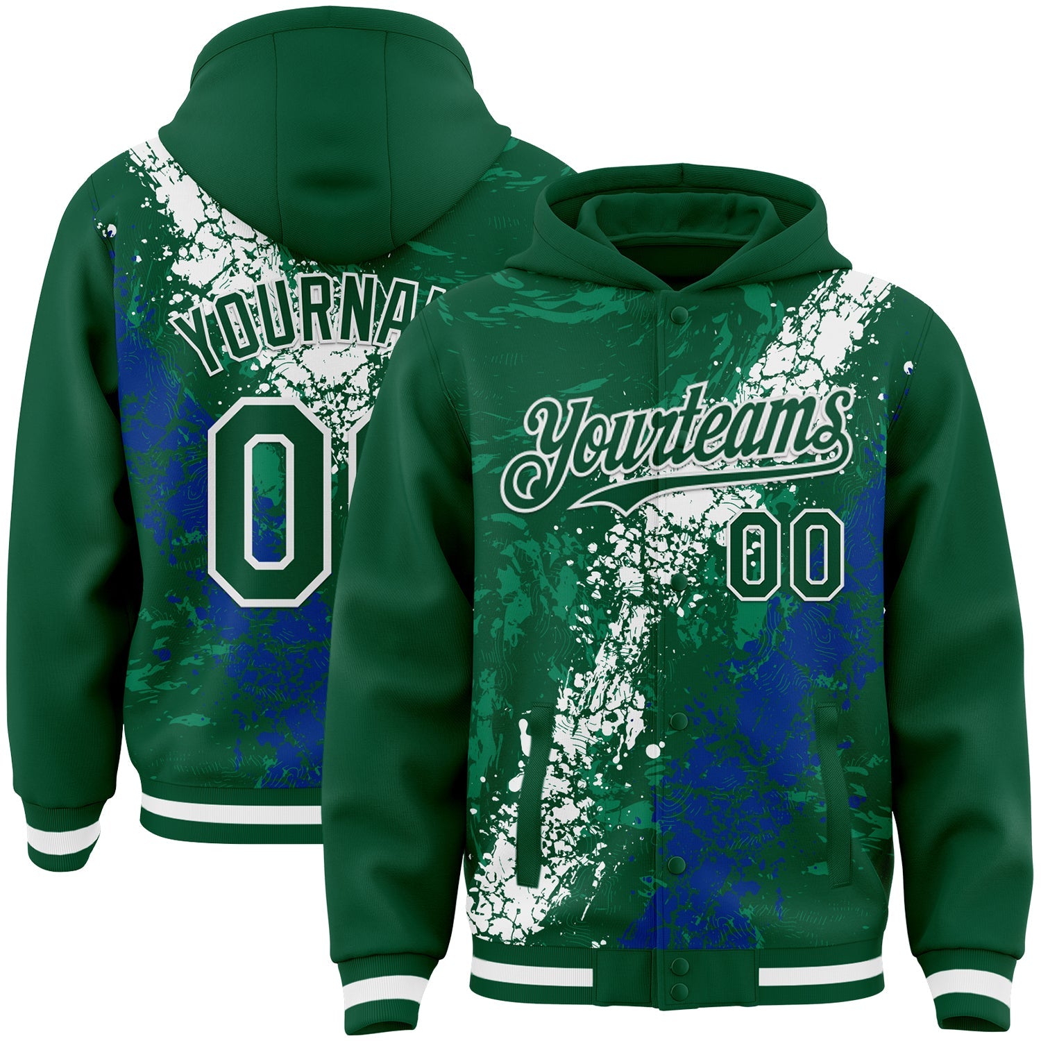 Custom Kelly Green White-Royal Splash Art 3D Pattern Design Bomber Full-Snap Varsity Letterman Hoodie Jacket - Main View