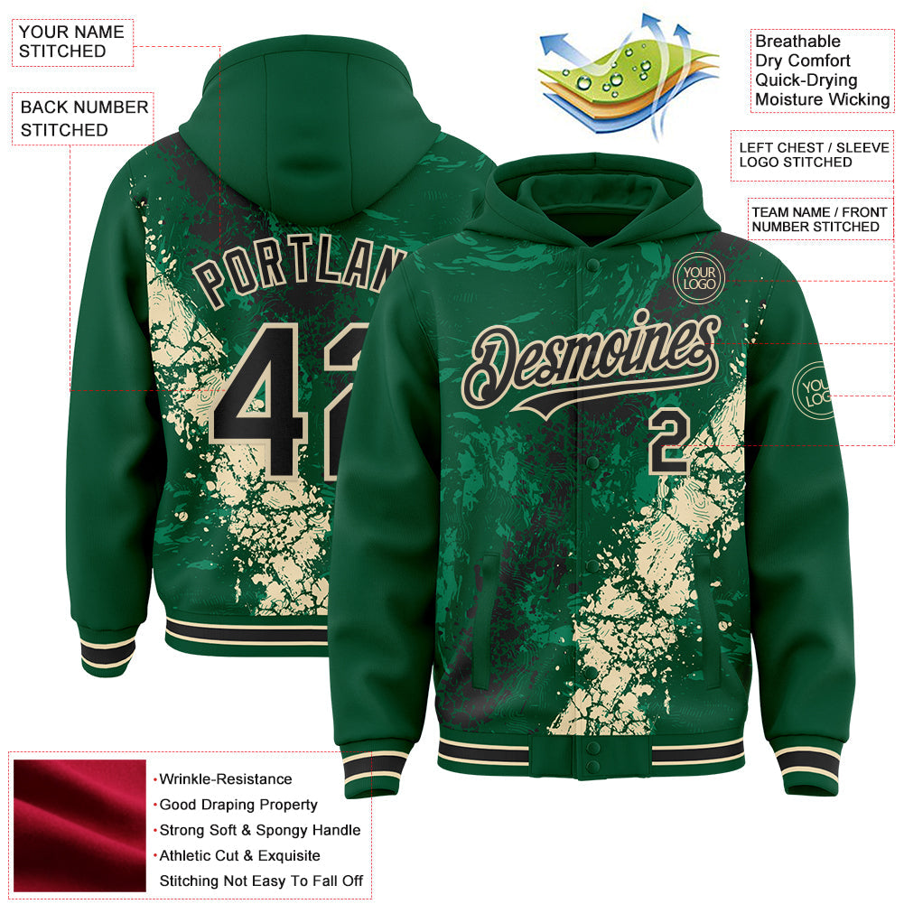 Custom Kelly Green Black-Cream Splash Art 3D Pattern Design Bomber Full-Snap Varsity Letterman Hoodie Jacket view 4