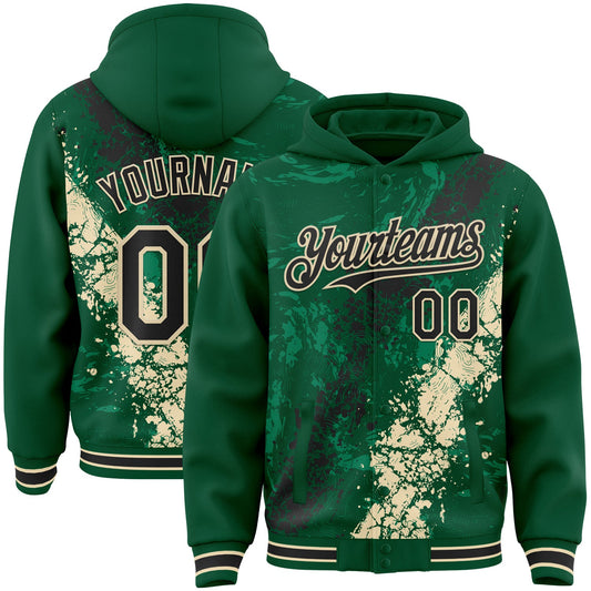 Custom Kelly Green Black-Cream Splash Art 3D Pattern Design Bomber Full-Snap Varsity Letterman Hoodie Jacket - Main View