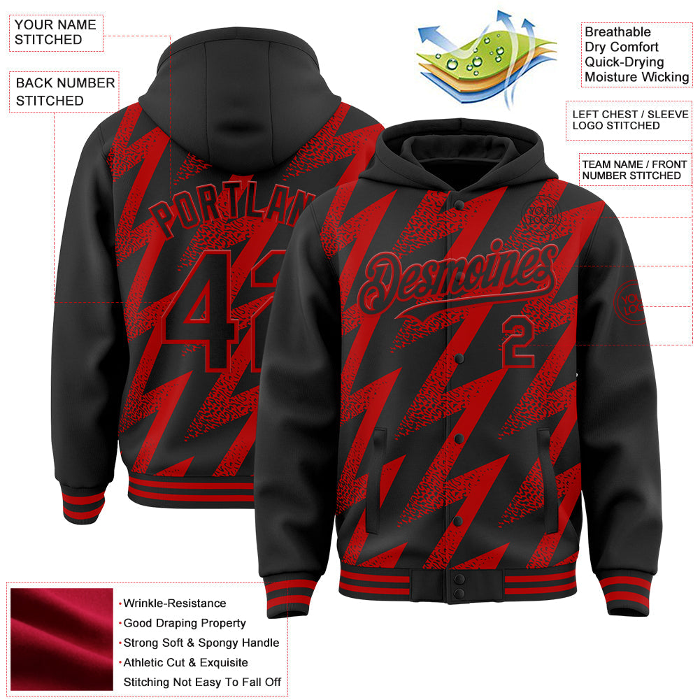 Custom Black Red Zigzag Shape 3D Pattern Design Bomber Full-Snap Varsity Letterman Hoodie Jacket view 4
