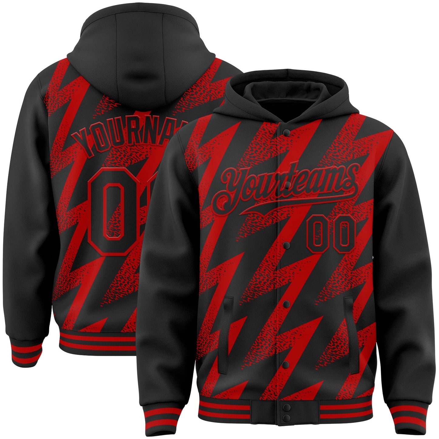 Custom Black Red Zigzag Shape 3D Pattern Design Bomber Full-Snap Varsity Letterman Hoodie Jacket - Main View