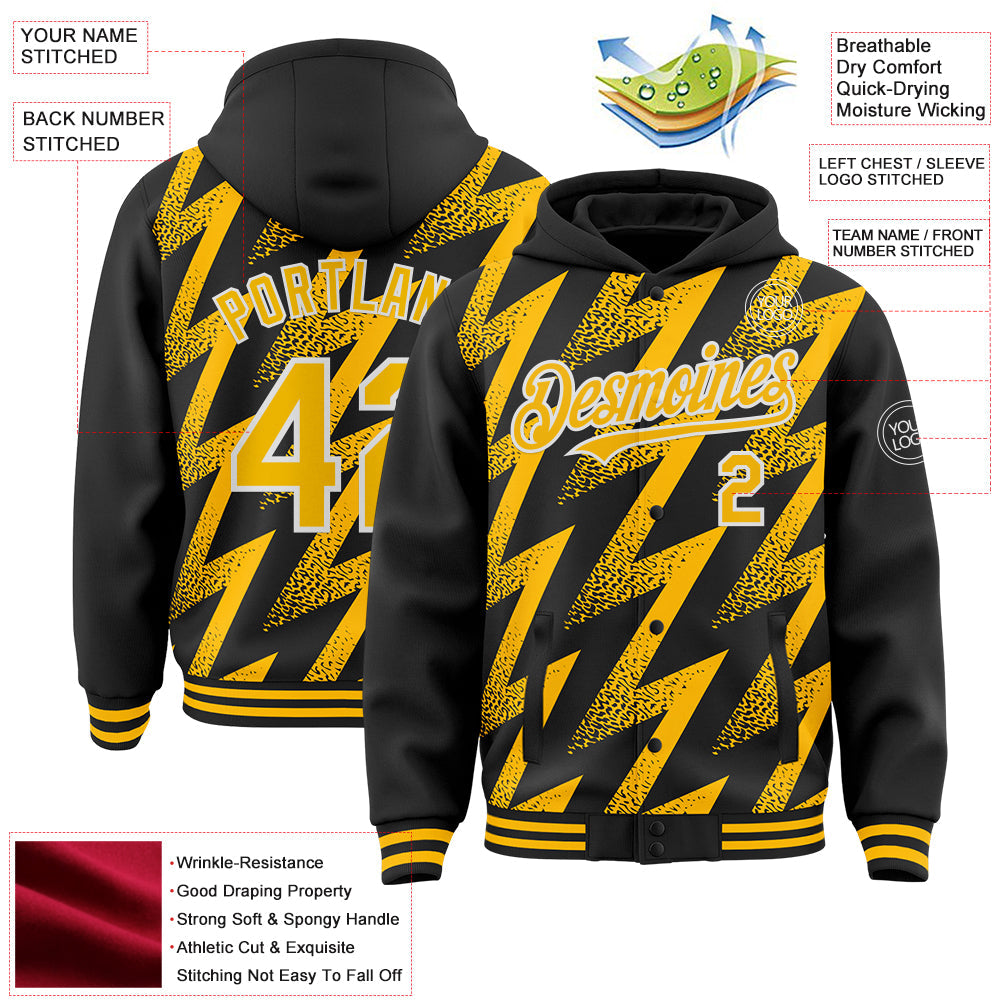 Custom Black Gold-White Zigzag Shape 3D Pattern Design Bomber Full-Snap Varsity Letterman Hoodie Jacket view 4