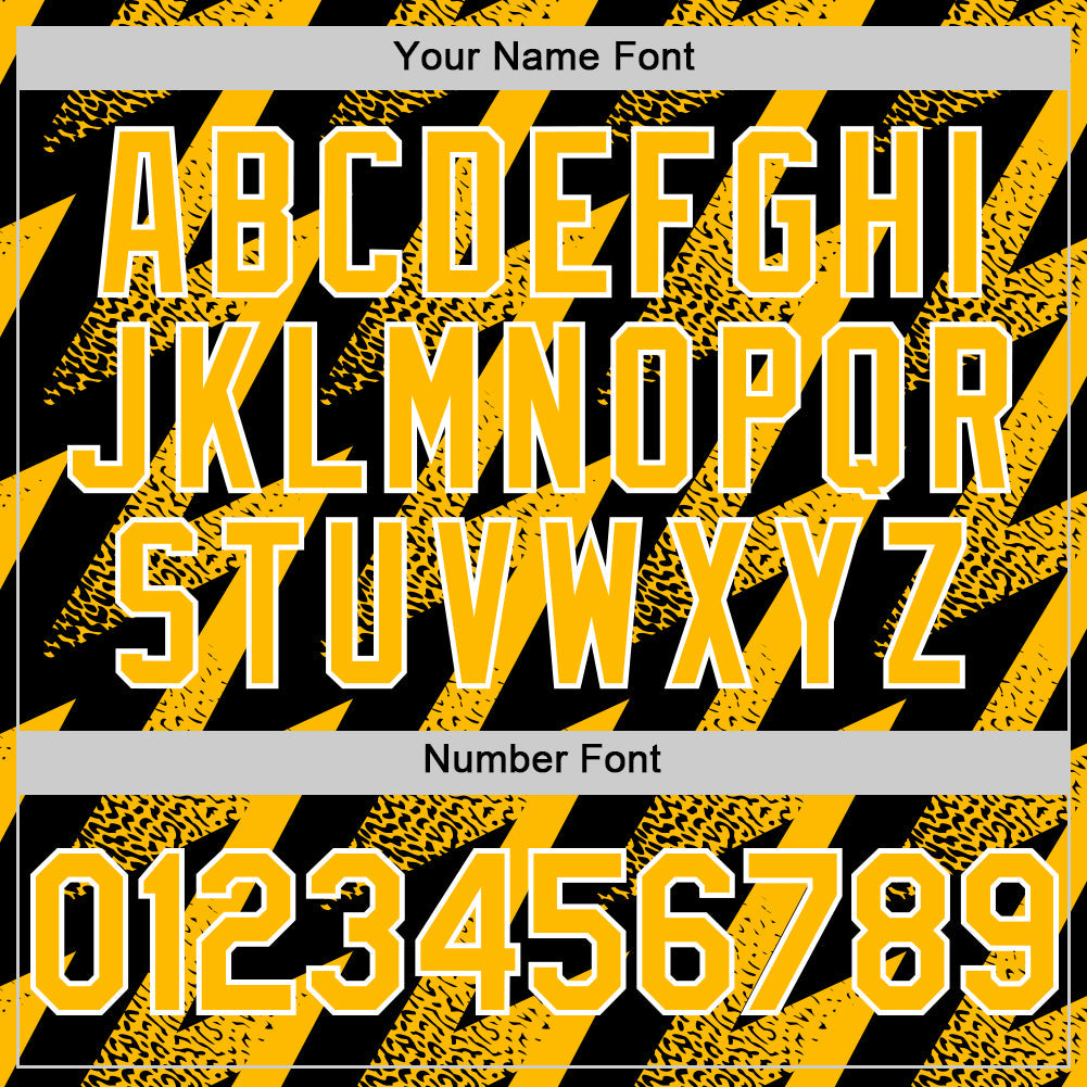 Custom Black Gold-White Zigzag Shape 3D Pattern Design Bomber Full-Snap Varsity Letterman Hoodie Jacket view 6