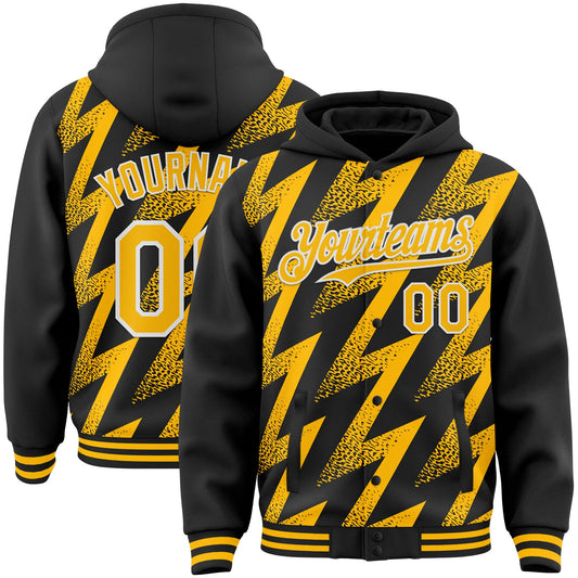 Custom Black Gold-White Zigzag Shape 3D Pattern Design Bomber Full-Snap Varsity Letterman Hoodie Jacket - Main View