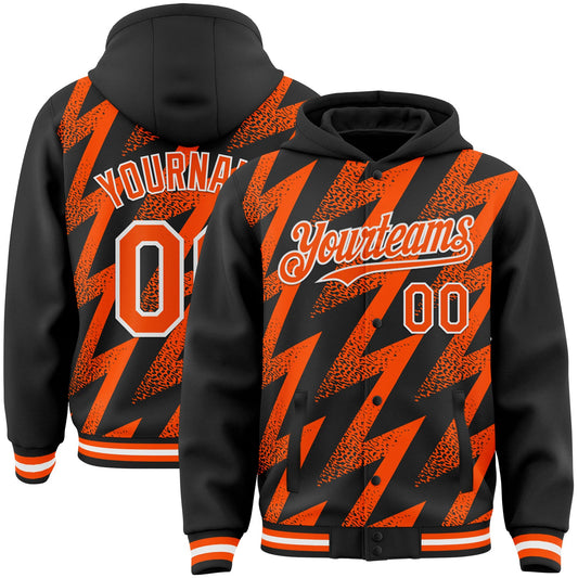Custom Black Orange-White Zigzag Shape 3D Pattern Design Bomber Full-Snap Varsity Letterman Hoodie Jacket - Main View