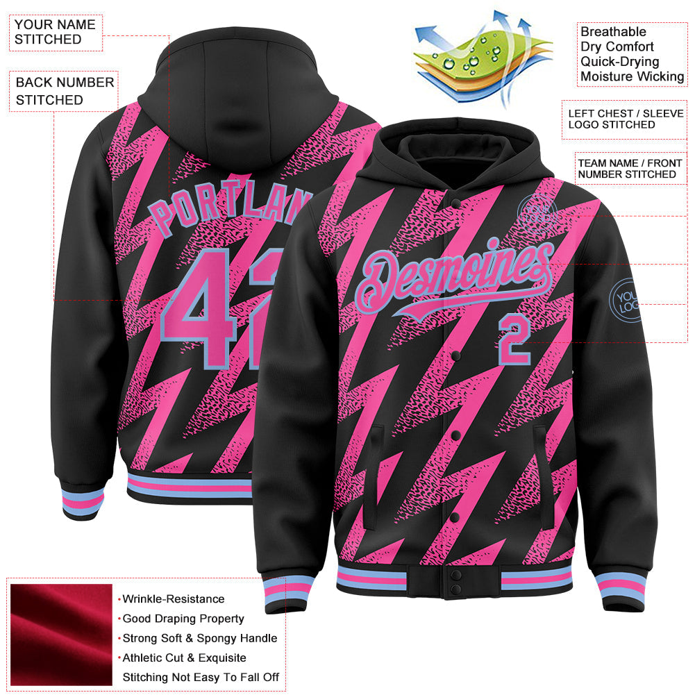 Custom Black Pink-White Zigzag Shape 3D Pattern Design Bomber Full-Snap Varsity Letterman Hoodie Jacket view 4