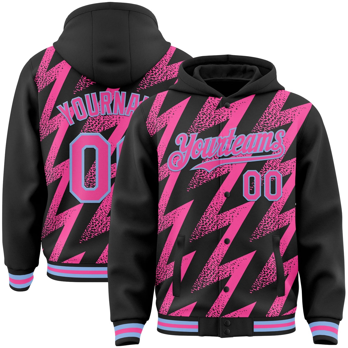 Custom Black Pink-White Zigzag Shape 3D Pattern Design Bomber Full-Snap Varsity Letterman Hoodie Jacket - Main View