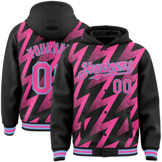 Custom Black Pink-White Zigzag Shape 3D Pattern Design Bomber Full-Snap Varsity Letterman Hoodie Jacket - Main View