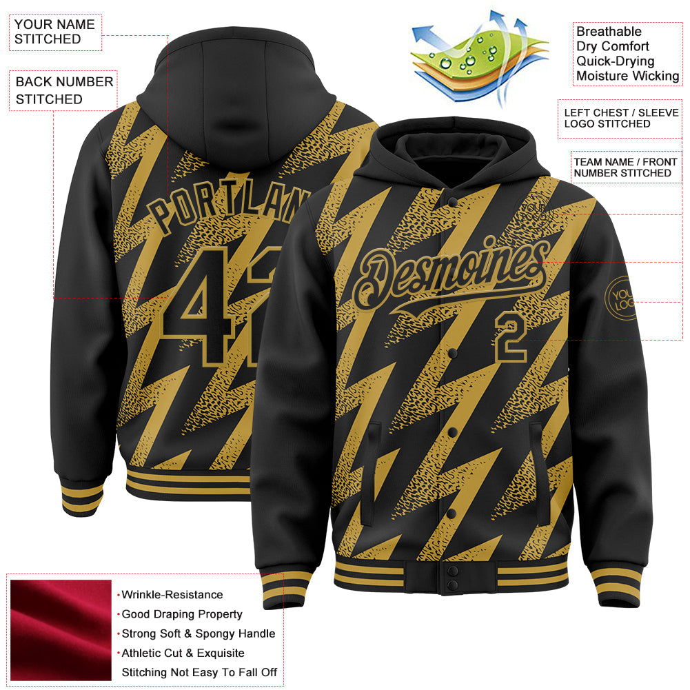 Custom Black Old Gold Zigzag Shape 3D Pattern Design Bomber Full-Snap Varsity Letterman Hoodie Jacket view 4