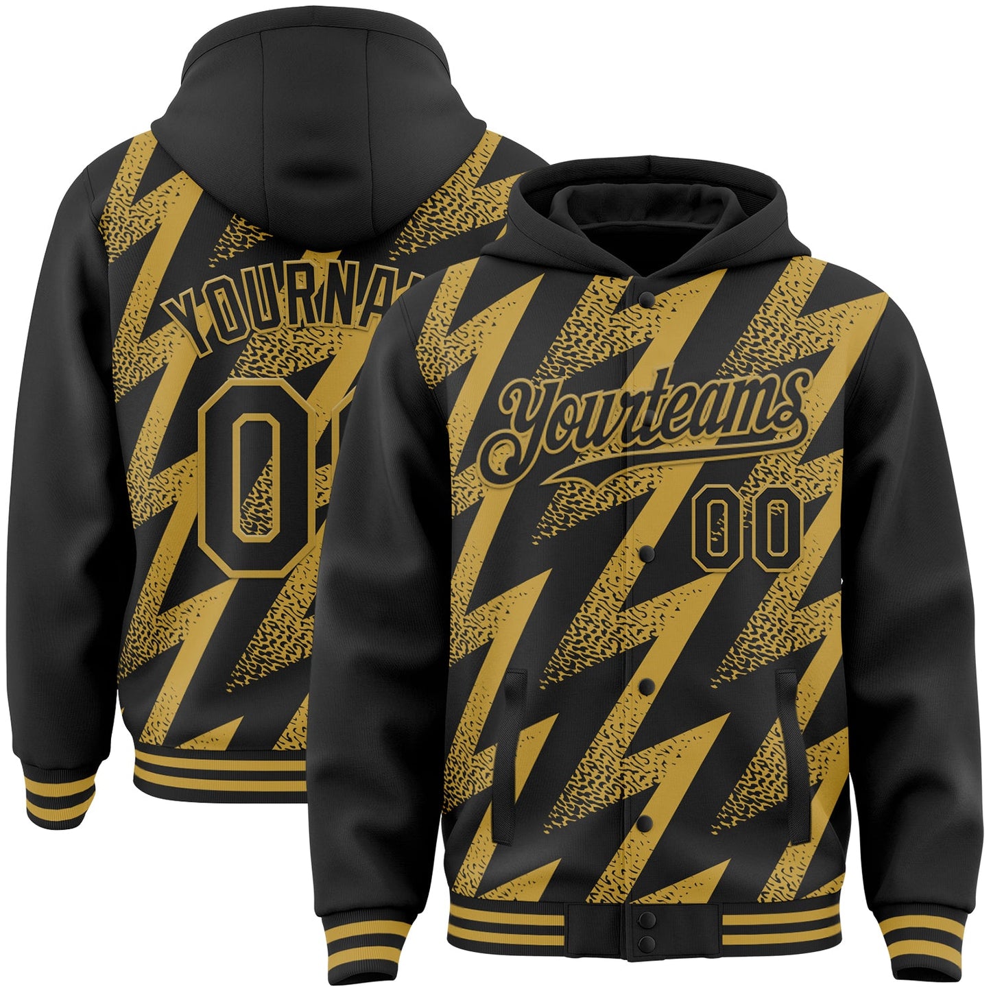 Custom Black Old Gold Zigzag Shape 3D Pattern Design Bomber Full-Snap Varsity Letterman Hoodie Jacket - Main View