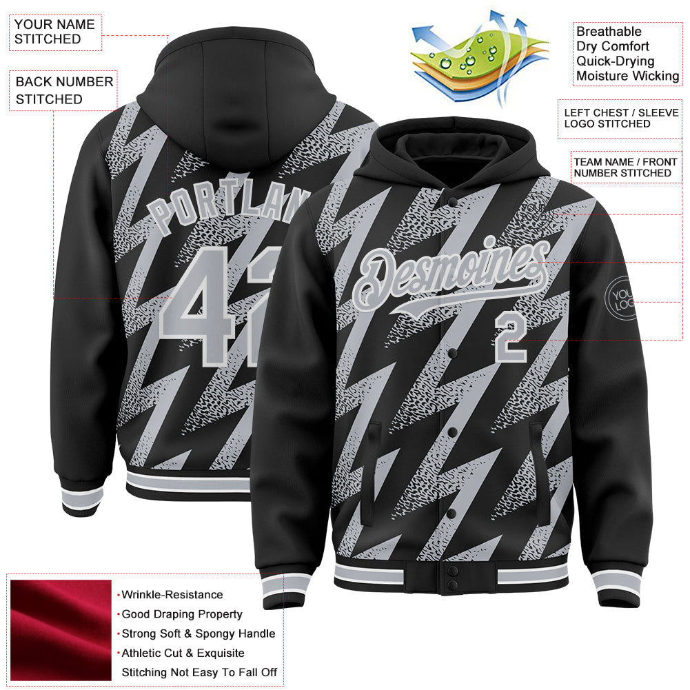 Custom Black Gray-White Zigzag Shape 3D Pattern Design Bomber Full-Snap Varsity Letterman Hoodie Jacket view 4