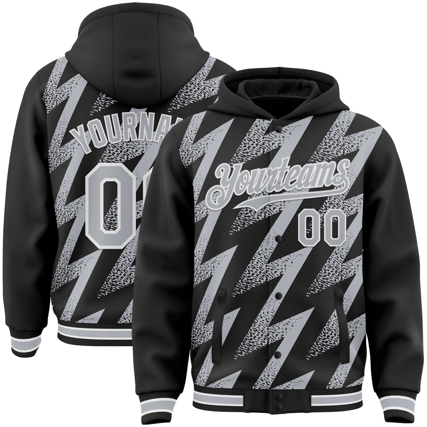 Custom Black Gray-White Zigzag Shape 3D Pattern Design Bomber Full-Snap Varsity Letterman Hoodie Jacket - Main View