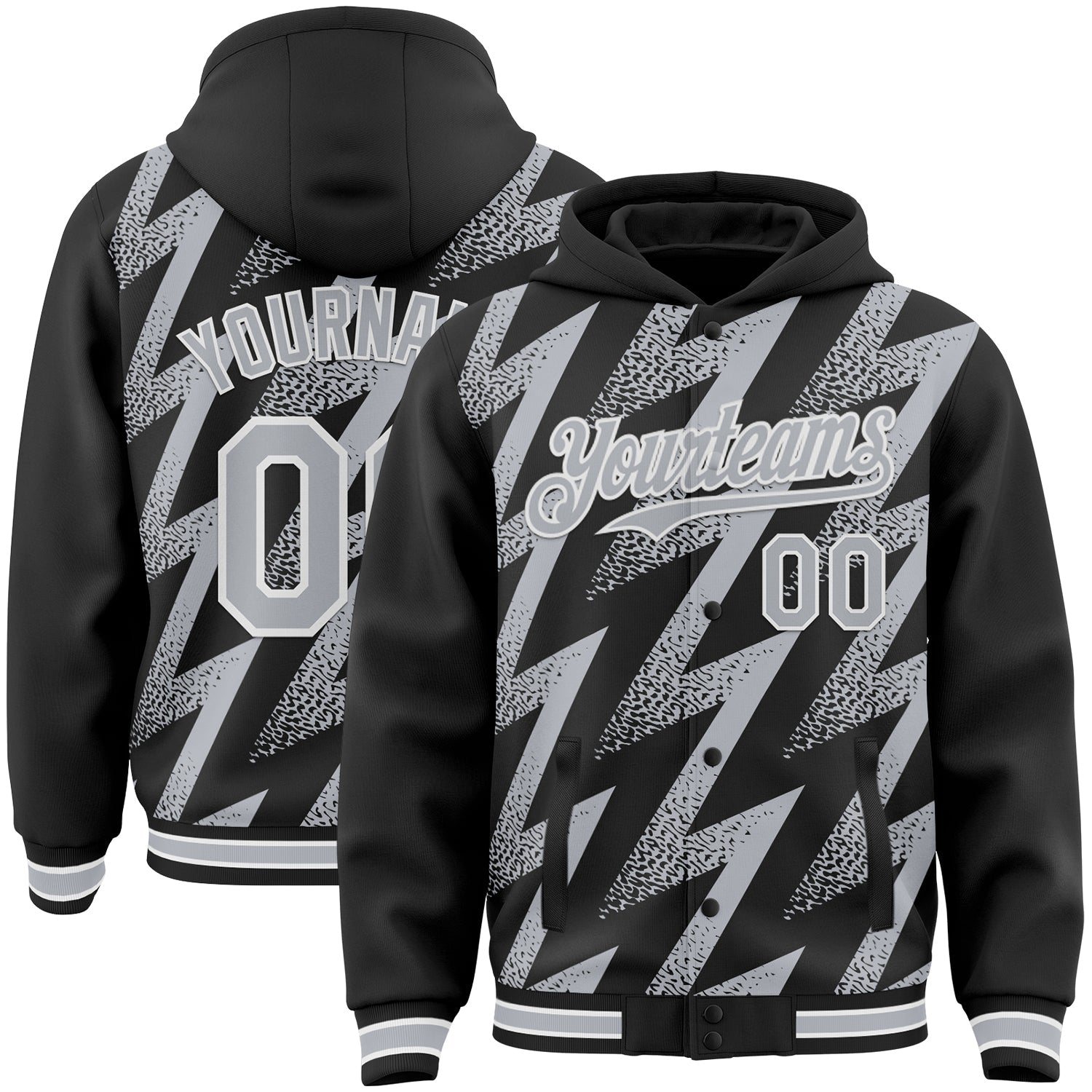 Custom Black Gray-White Zigzag Shape 3D Pattern Design Bomber Full-Snap Varsity Letterman Hoodie Jacket - Main View