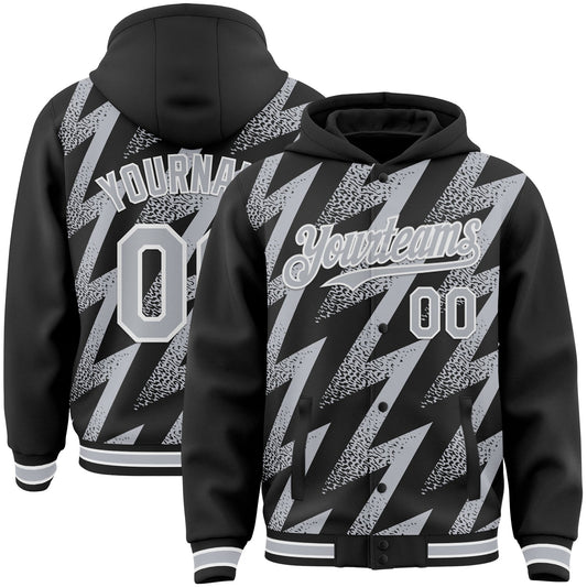 Custom Black Gray-White Zigzag Shape 3D Pattern Design Bomber Full-Snap Varsity Letterman Hoodie Jacket - Main View