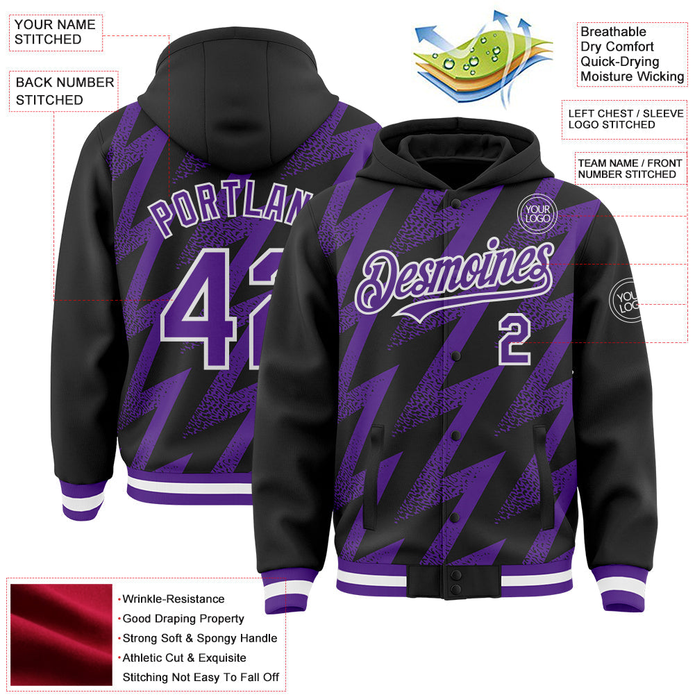 Custom Black Purple-White Zigzag Shape 3D Pattern Design Bomber Full-Snap Varsity Letterman Hoodie Jacket view 4