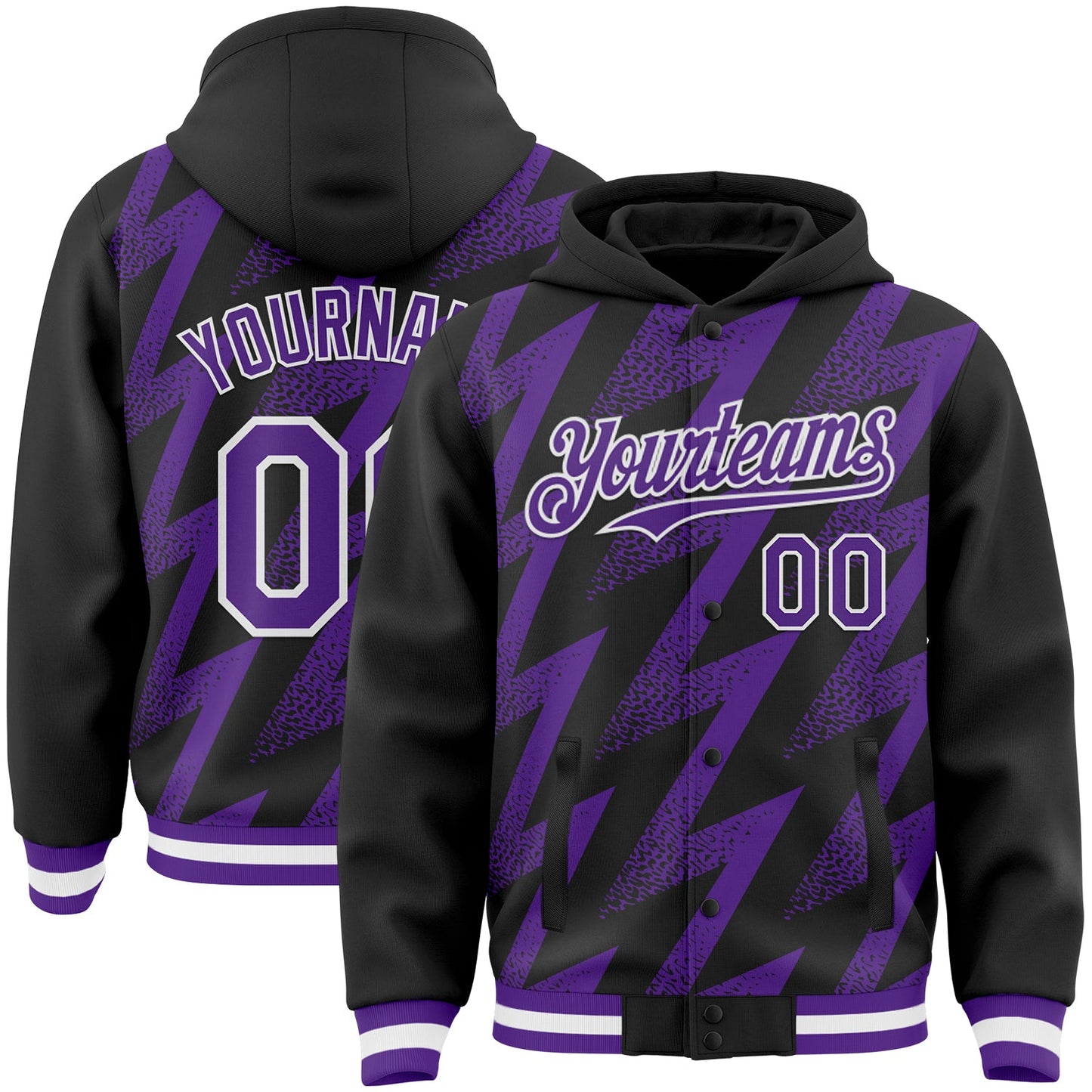 Custom Black Purple-White Zigzag Shape 3D Pattern Design Bomber Full-Snap Varsity Letterman Hoodie Jacket - Main View