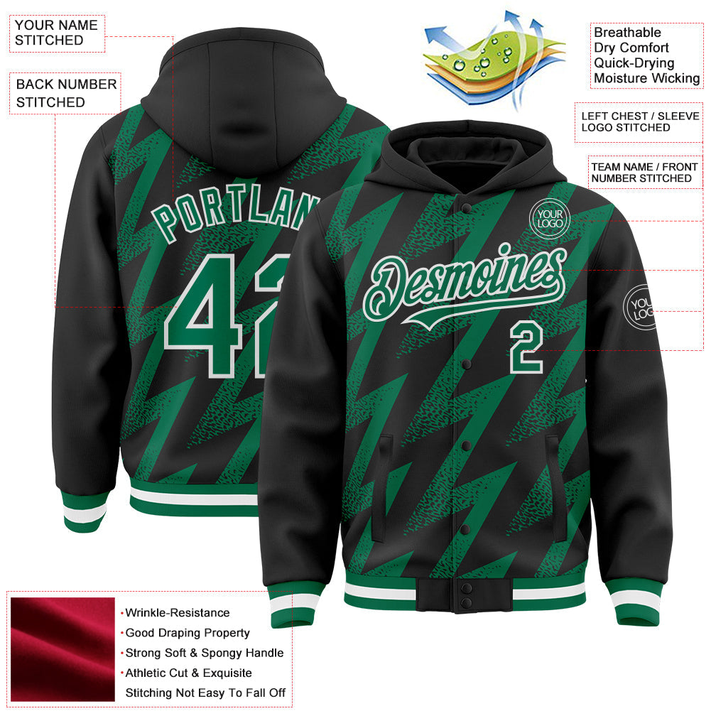Custom Black Kelly Green-White Zigzag Shape 3D Pattern Design Bomber Full-Snap Varsity Letterman Hoodie Jacket view 4
