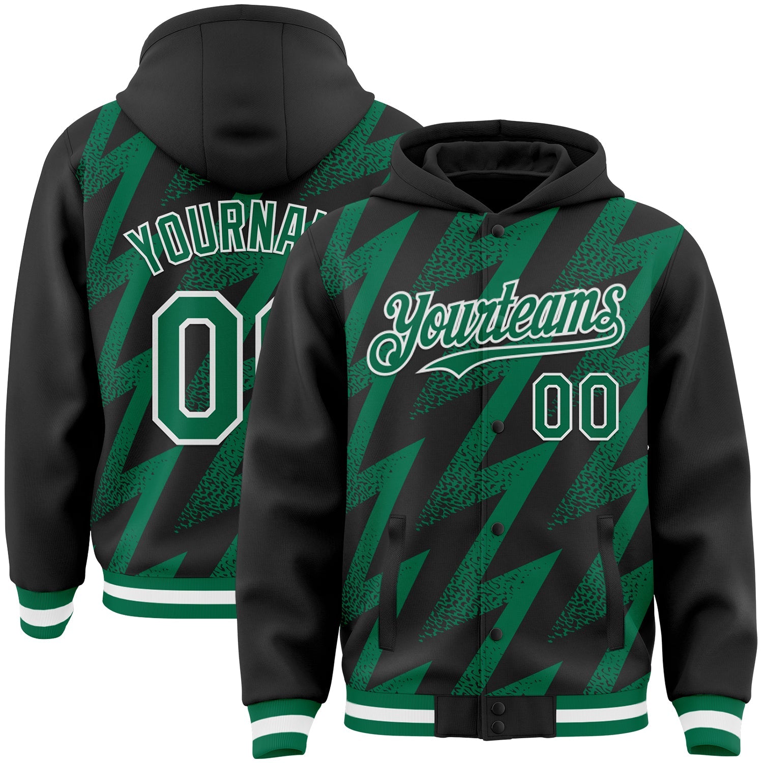 Custom Black Kelly Green-White Zigzag Shape 3D Pattern Design Bomber Full-Snap Varsity Letterman Hoodie Jacket - Main View