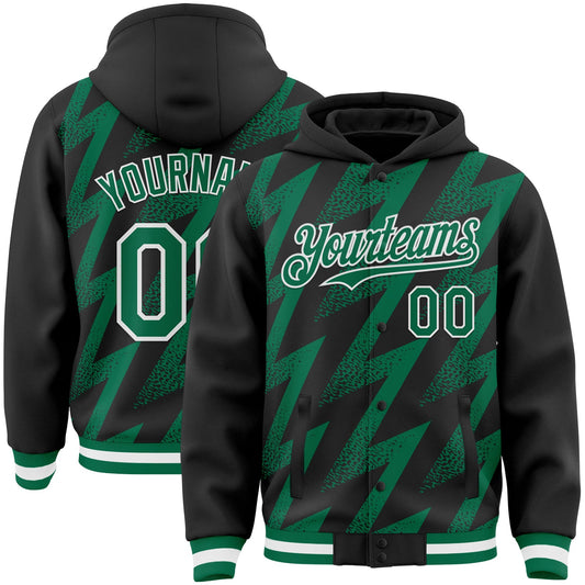Custom Black Kelly Green-White Zigzag Shape 3D Pattern Design Bomber Full-Snap Varsity Letterman Hoodie Jacket - Main View