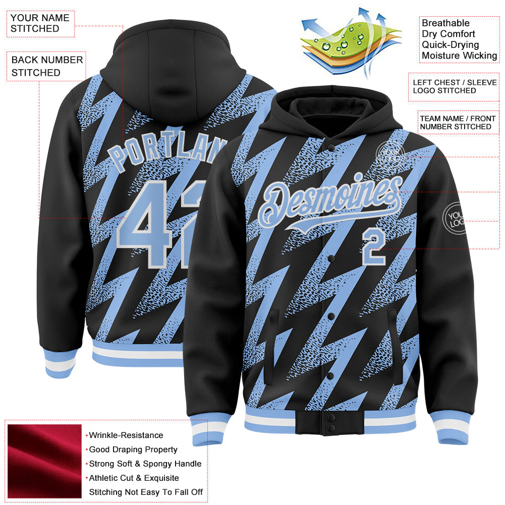 Custom Black Light Blue-White Zigzag Shape 3D Pattern Design Bomber Full-Snap Varsity Letterman Hoodie Jacket view 4