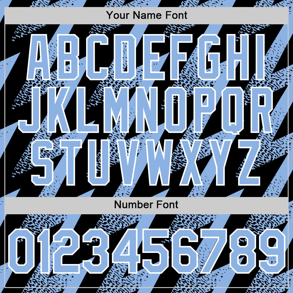 Custom Black Light Blue-White Zigzag Shape 3D Pattern Design Bomber Full-Snap Varsity Letterman Hoodie Jacket view 6