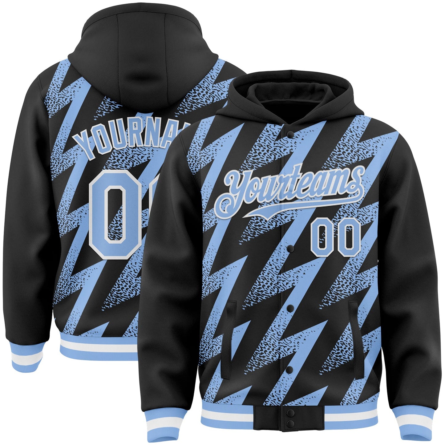 Custom Black Light Blue-White Zigzag Shape 3D Pattern Design Bomber Full-Snap Varsity Letterman Hoodie Jacket - Main View