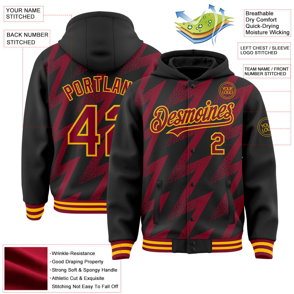 Custom Black Crimson-Gold Zigzag Shape 3D Pattern Design Bomber Full-Snap Varsity Letterman Hoodie Jacket view 4
