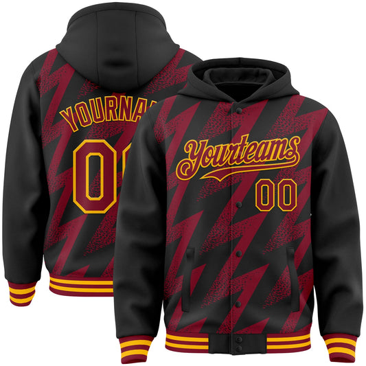 Custom Black Crimson-Gold Zigzag Shape 3D Pattern Design Bomber Full-Snap Varsity Letterman Hoodie Jacket - Main View